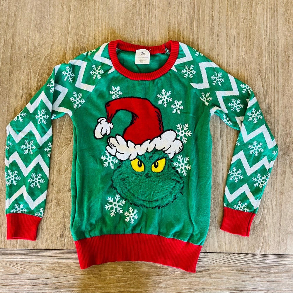 Grinch Face fuzzy ugly Christmas Sweater/Adult Small or Kids XL Red/Green